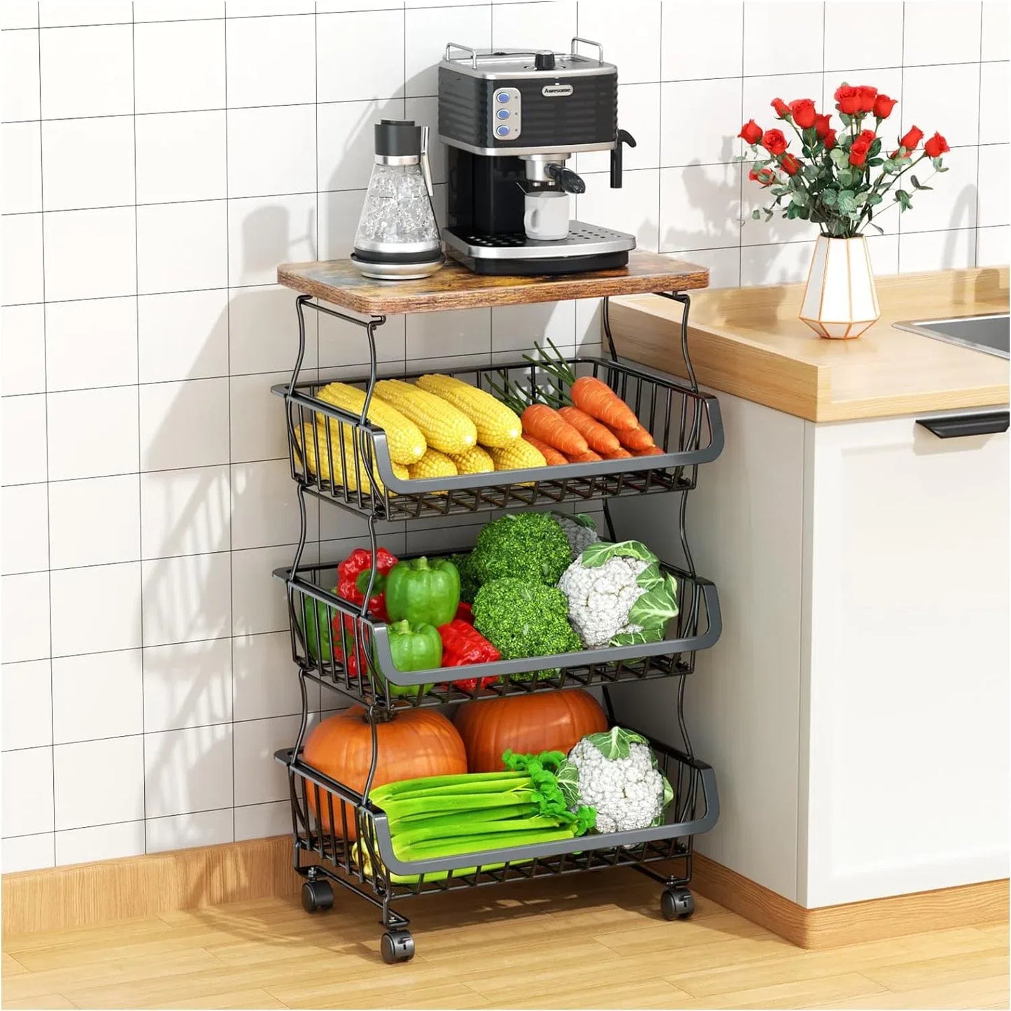 4/5/6 Tier Fruit Basket for Kitchen Organizers and Storage,with Solid Wood Top,Stackable Metal Wire Basket Stand Cart with Wheels for Fruit Vegetable