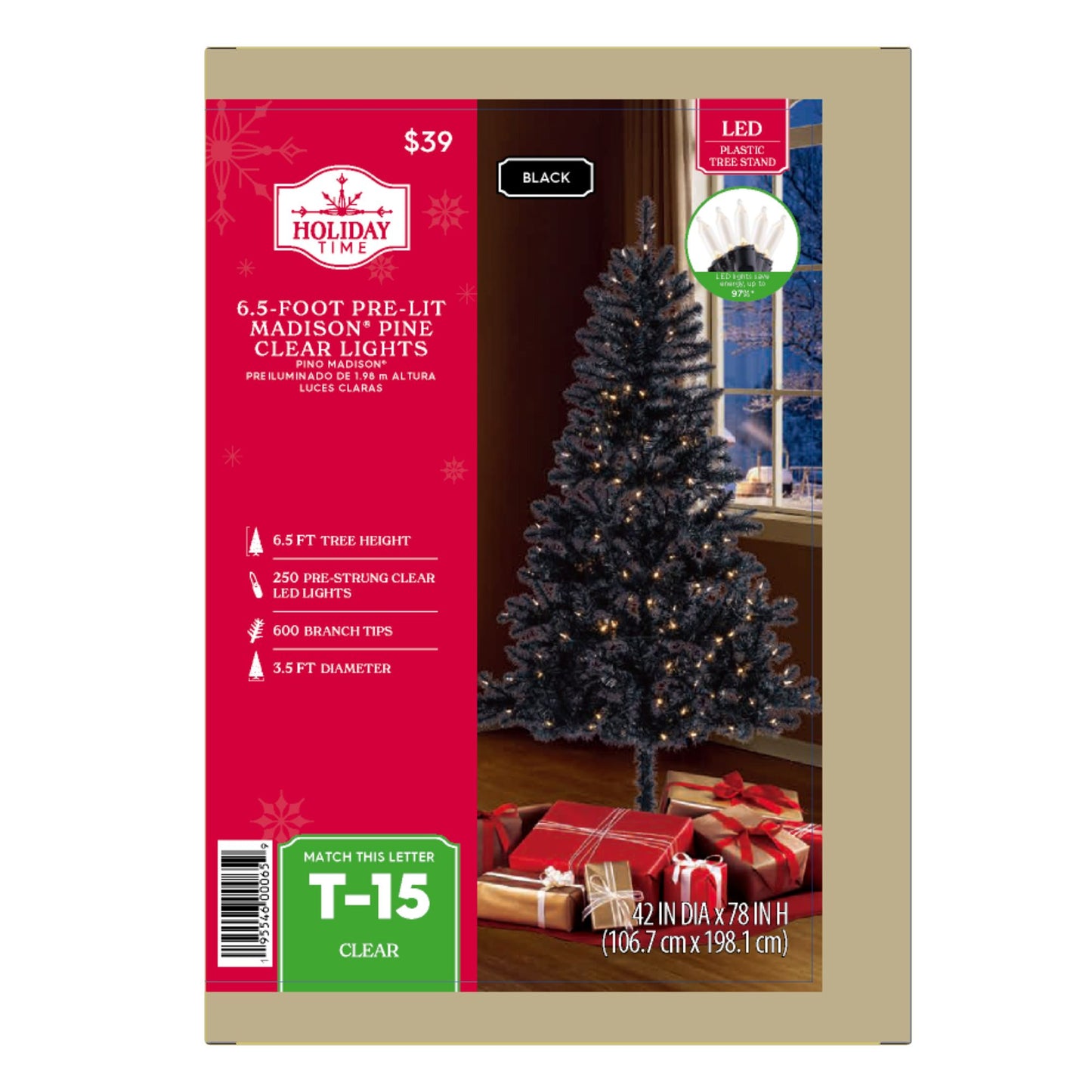 6.5\" pre-gloss black Madison pine artificial Christmas tree, clear LED lights, Christmas, Christmas Eve