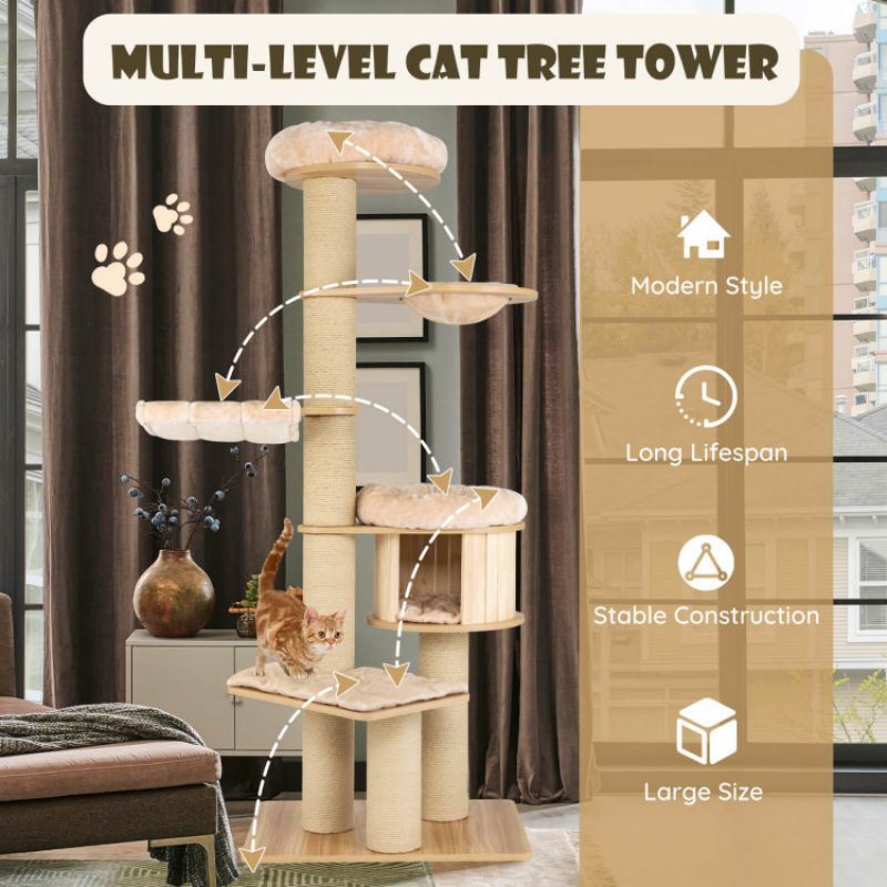 Modern Tall Cat Tree Tower with Scratch Posts and Washable Mats