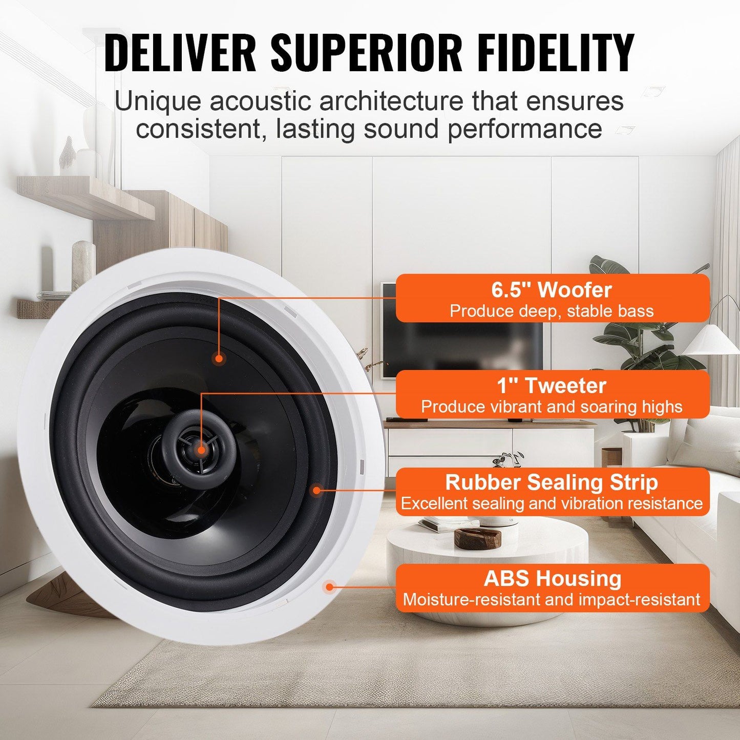 VEVOR 4 PCs 6.5'' Bluetooth in Ceiling Speakers, 150W, Flush Mount Ceiling & in-Wall Speaker System with 8ΩImpedance 89dB Sensitivity, for Home Kitchen Living Room Bedroom or Covered Outdoor Porches