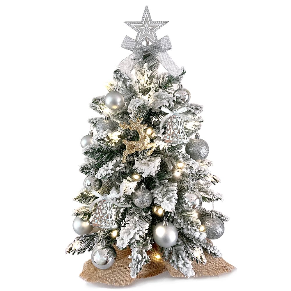 22in Mini Christmas Tree with Light Artificial Small Tabletop Christmas Decoration with Flocked Snow, Exquisite Decor & Xmas Ornaments for Table Top for Home & Office, Silver