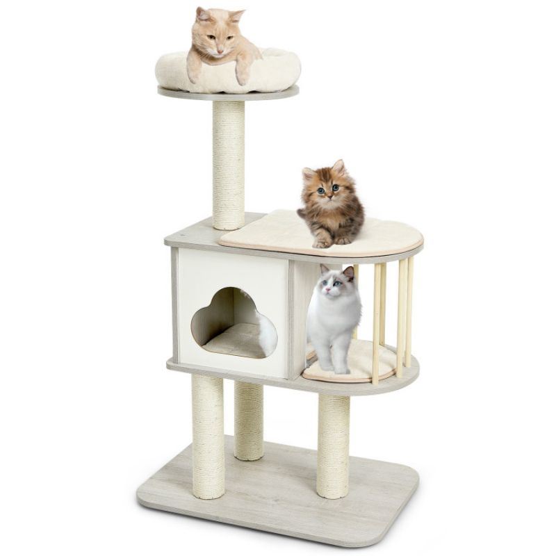 46 Inch Wooden Cat Activity Tree with Platform and Cushions