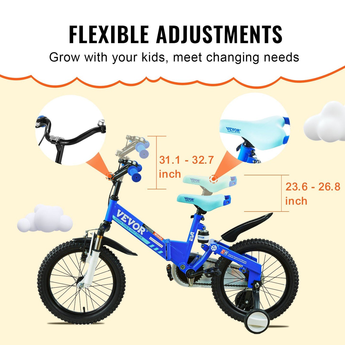 VEVOR Folding Toddler Balance Bike, 16" High-Carbon Steel Kids Bike with Adjustable Seat & Handlebar, Inflatable Tires, Portable Kids Balance Bicycle Gift for 5-8 Years Boys Girls, 99LBS Support