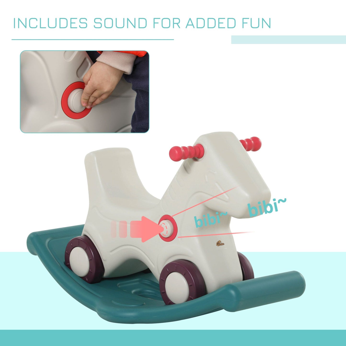 Kids 2 in 1 Rocking Horse & Sliding Car for Indoor & Outdoor Use w/ Detachable Base, Wheels, Smooth Materials, Grey and Green