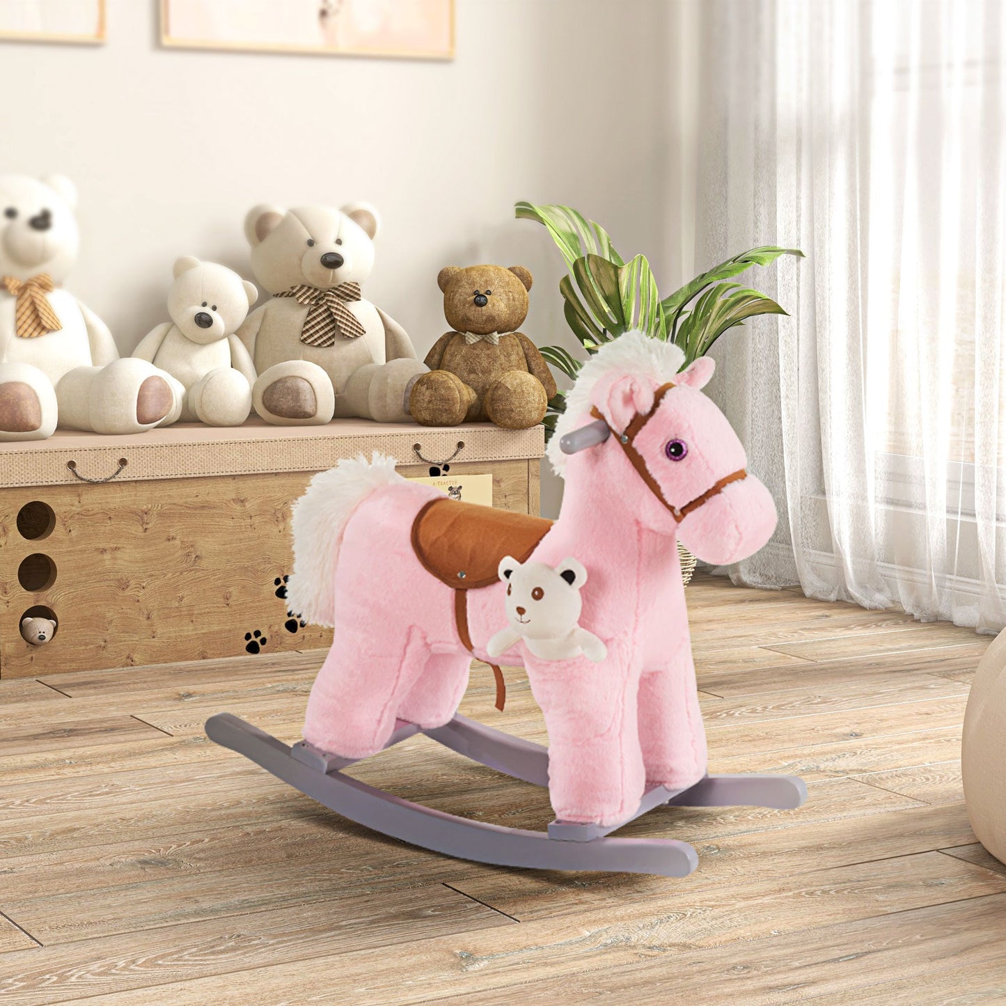 Qaba Kids Plush Ride-On Rocking Horse with Bear Toy, Children Chair with Soft Plush Toy & Fun Realistic Sounds, Pink