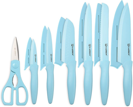 Kitchen Knife Set with Guards, 13 Piece Blue Coated Stainless Steel Boxed Knives Set, Anti-Rust and Dishwasher Safe, 6 Knives with 6 Blade Covers and Kitchen Shears