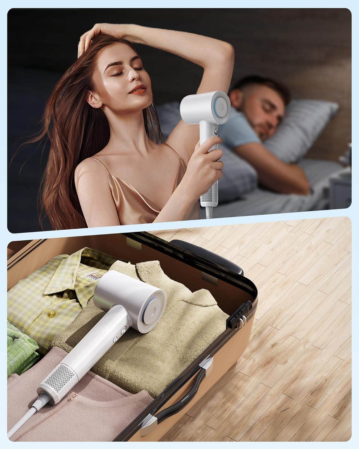 Hair Dryer, zhiyangfei Negative Ion Blow Dryer for Women Men, 110, 000 RPM Brushless Motor, 3 Heat Settings, 360° Rotating Magnetic Nozzle, High-Speed Low Noise Hair Dryer for Home and Travel (White)