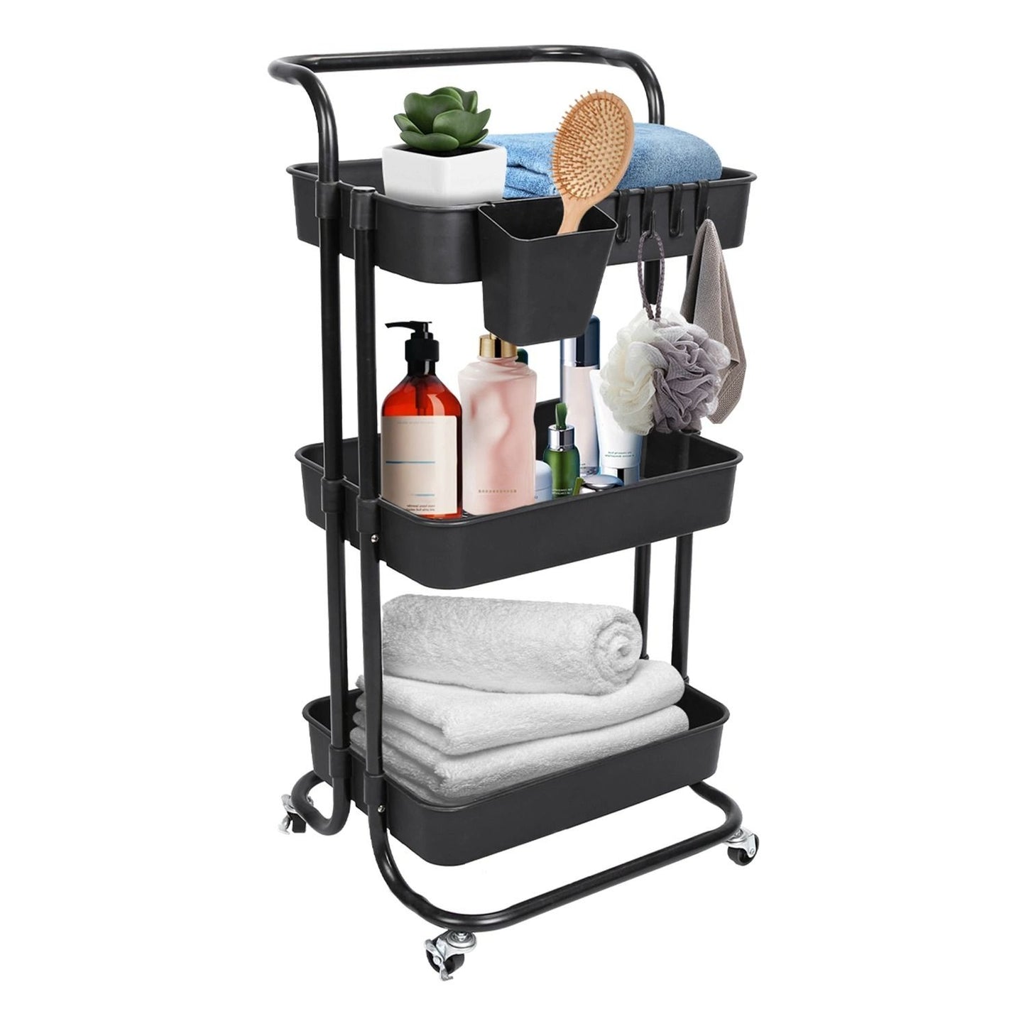 3 Tier Rolling Utility Cart Movable Storage Organizer with Mesh Baskets Lockable Wheels 360 Degree Rotatable Hanging Box Hooks Bedroom Bathroom Kitchen Ban on Amazon sales