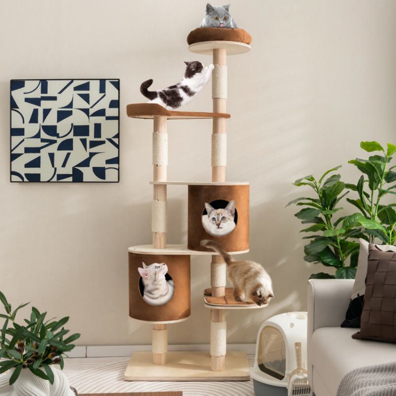 6-Tier Wooden Cat Tree with 2 Removeable Condos Platforms and Perch