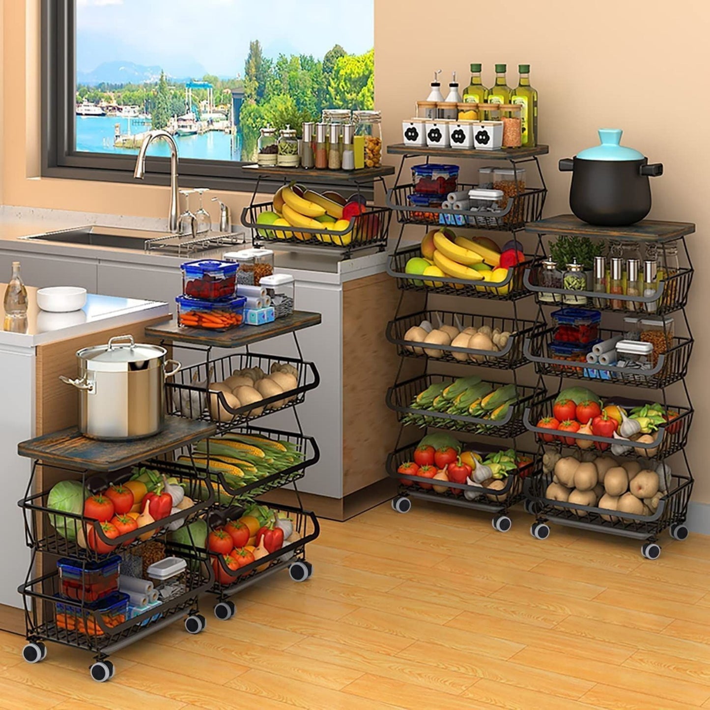 4/5/6 Tier Fruit Basket for Kitchen Organizers and Storage,with Solid Wood Top,Stackable Metal Wire Basket Stand Cart with Wheels for Fruit Vegetable