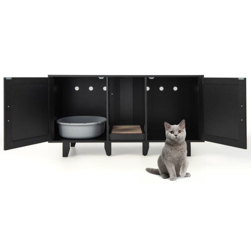 2-Door Cat Litter Box Enclosure with Winding Entry and Scratching Board