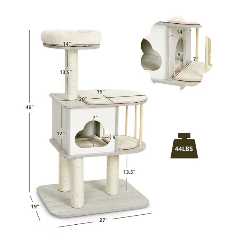 46 Inch Wooden Cat Activity Tree with Platform and Cushions