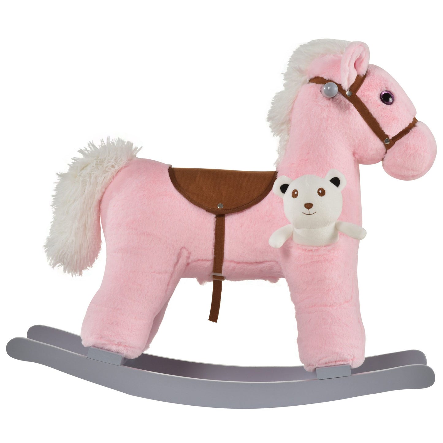 Qaba Kids Plush Ride-On Rocking Horse with Bear Toy, Children Chair with Soft Plush Toy & Fun Realistic Sounds, Pink