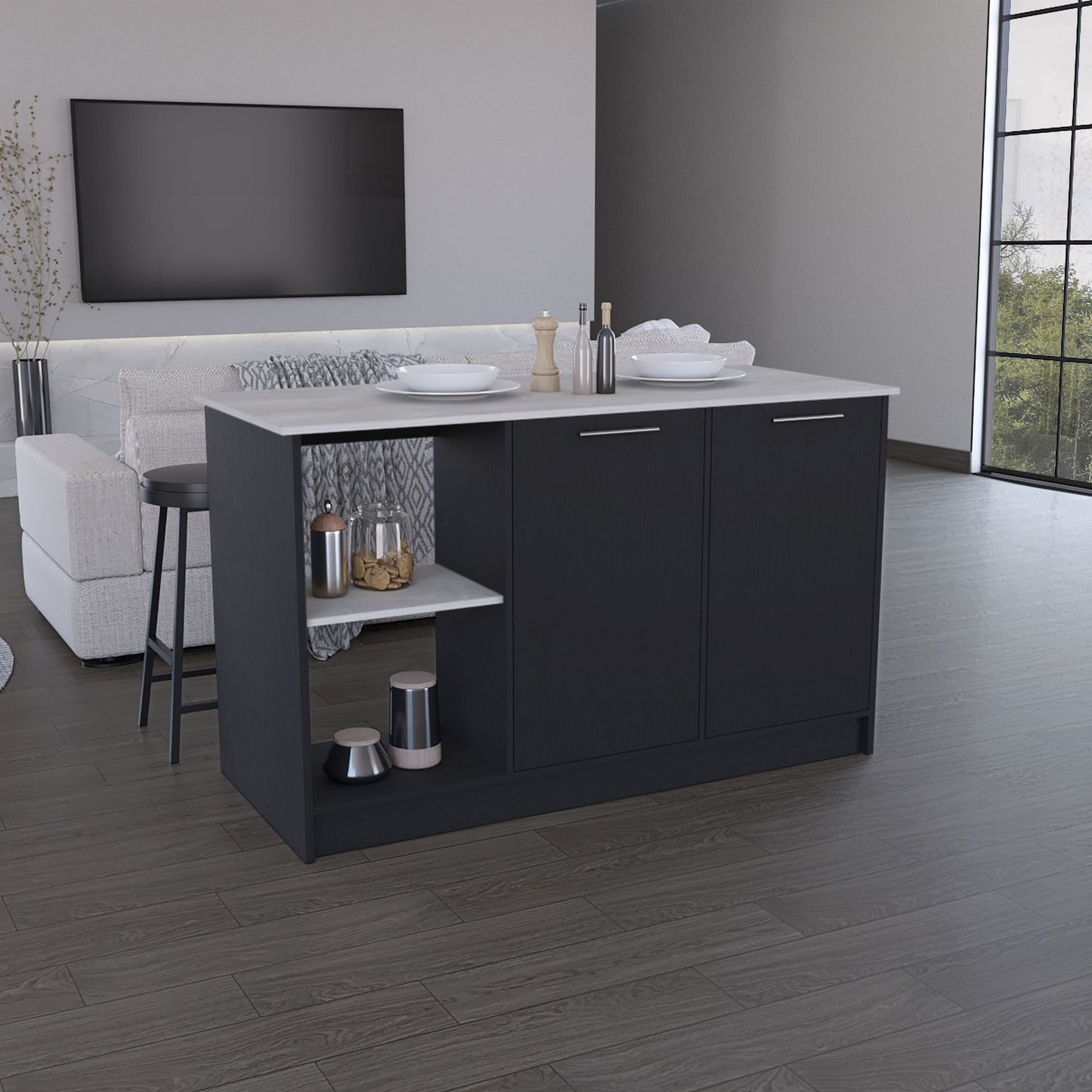 Kitchen Island with Large Countertop, Open Storage Shelves and Double Door Cabinet, Black / Onyx