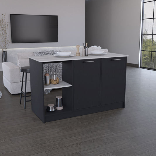 Kitchen Island with Large Countertop, Open Storage Shelves and Double Door Cabinet, Black / Onyx