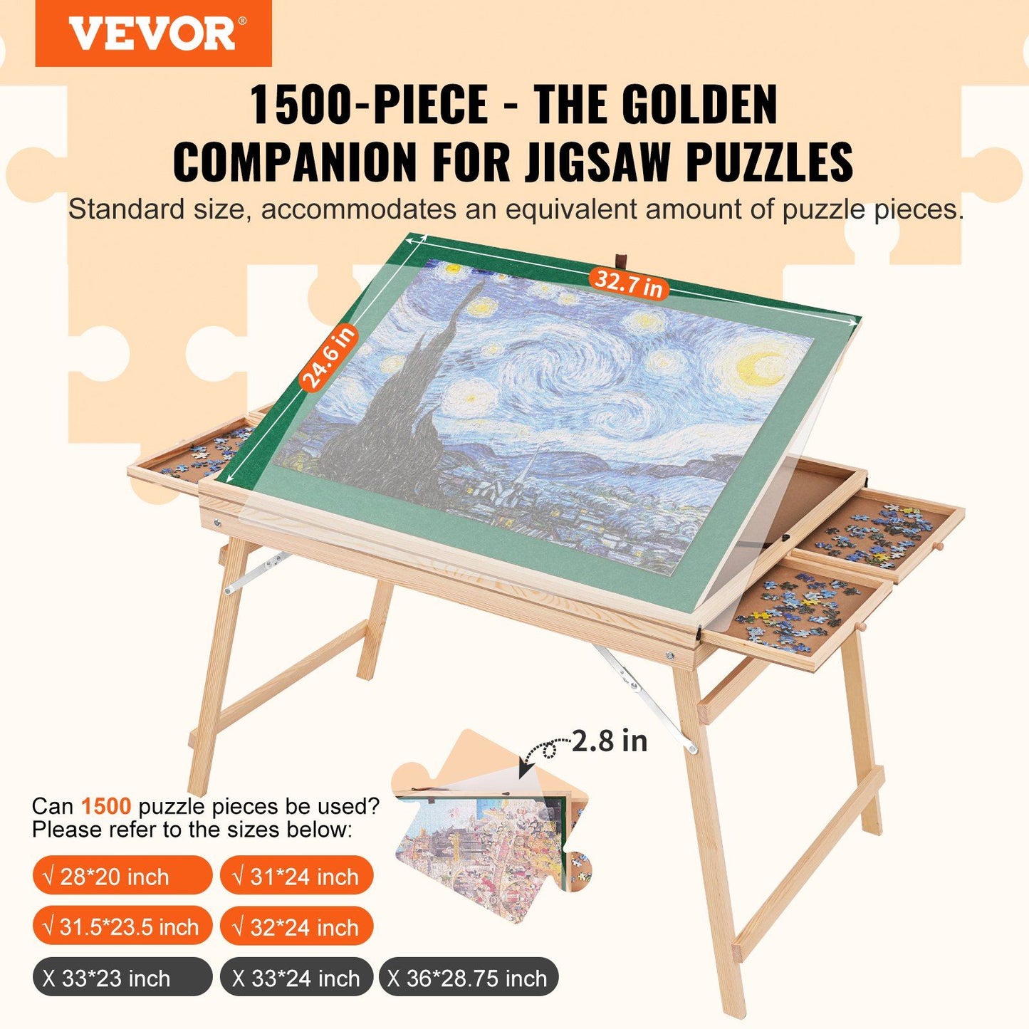 VEVOR 1500 Piece Puzzle Table with Folding Legs, 4 Drawers and Cover, 32.7"x24.6" Wooden Jigsaw Puzzle Plateau, Adjustable 3-Tilting-Angle Puzzle Board, Puzzle Storage System for Adults, Gift for Mom