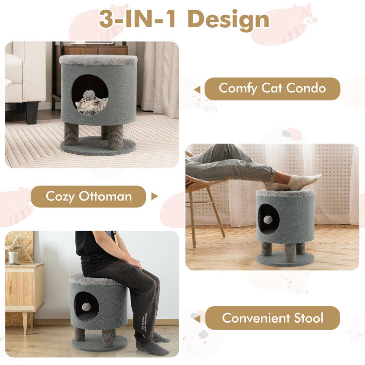 3-in-1 Cat Condo Stool Kitty Bed with Scratching Posts and Plush Ball Toy