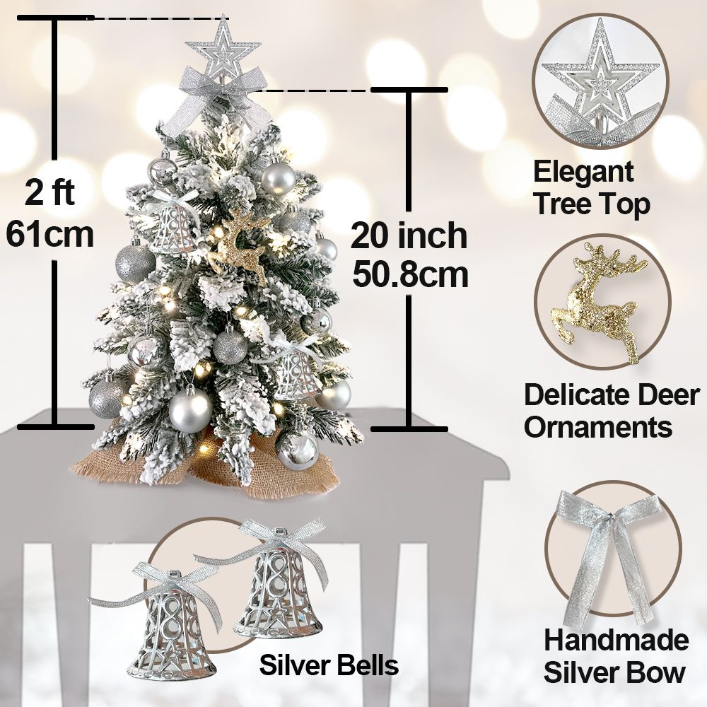 22in Mini Christmas Tree with Lights, Rose Gold Artificial Small Tabletop Christmas Tree with Flocked Snow, Exquisite Decor & Xmas Decorations for Table Top for Home & Office