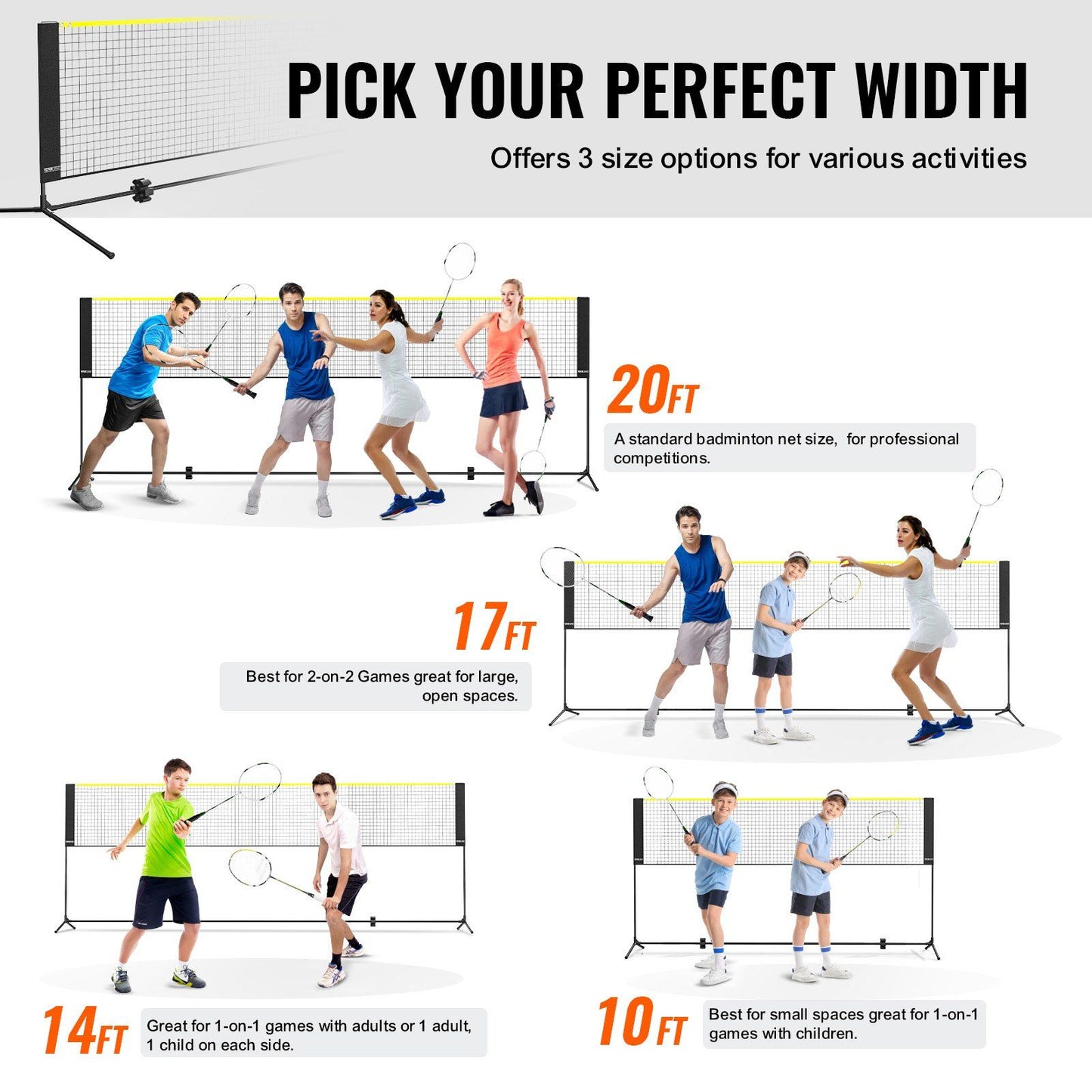 VEVOR Badminton Net, Height Adjustable Volleyball Net, 14ft Wide Foldable Pickleball Net, Portable Easy Setup Tennis Net Set with Poles, Stand and Carry Bag, for Kids Backyard Game Indoor Outdoor Use