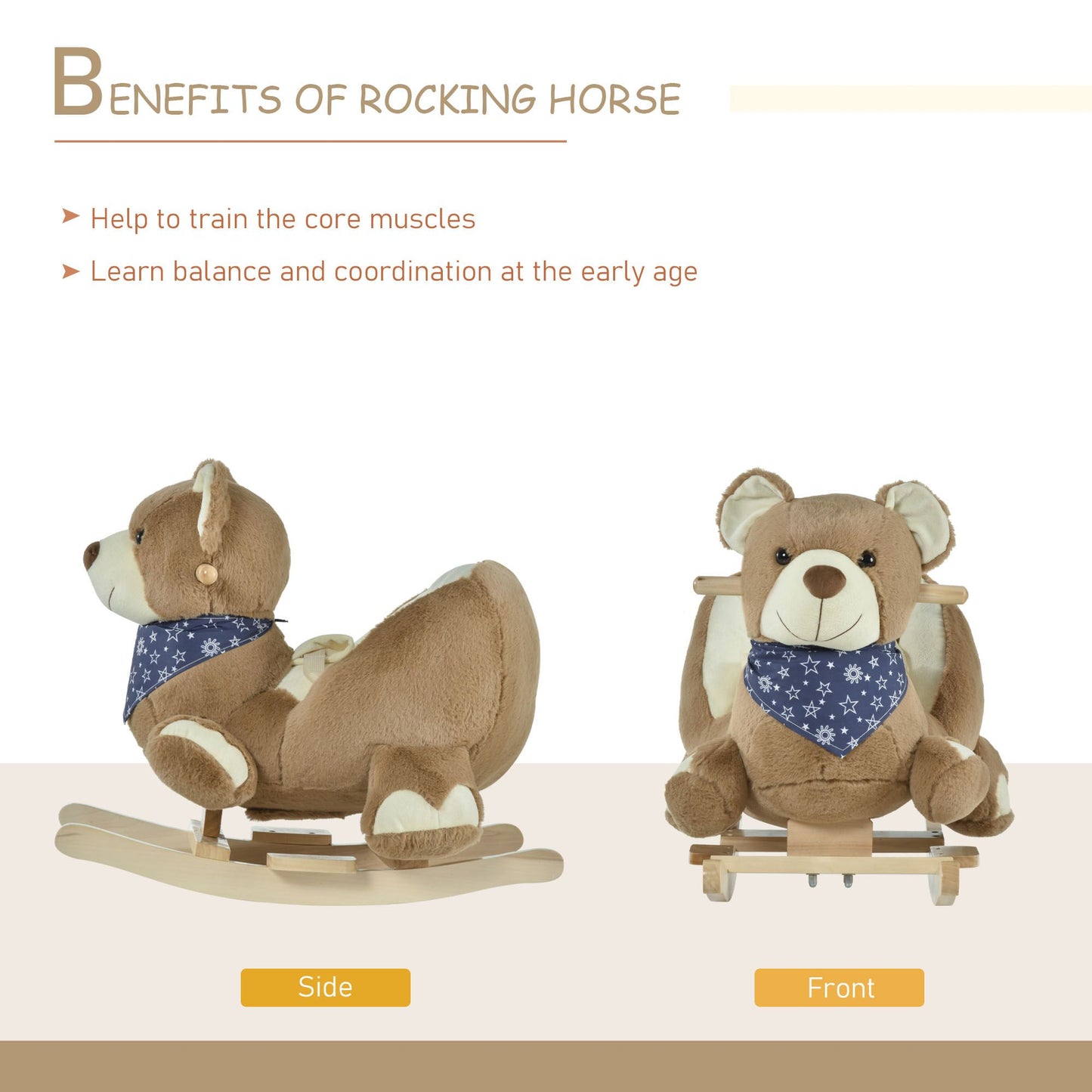 Qaba Baby Rocking Horse with Lullaby, Riding Horse, Bear Themed Plush Animal Rocker with Pedals for Ages 18-36 Months