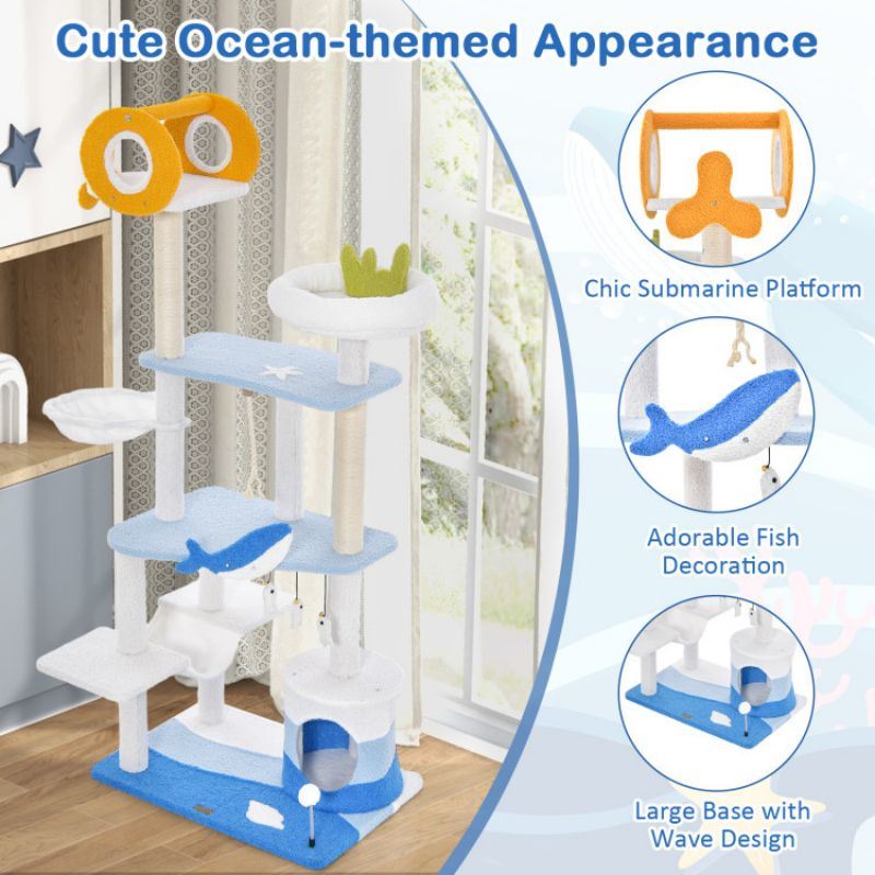 Multi-level Ocean-themed Cat Tree Tower with Sisal Covered Scratching Posts