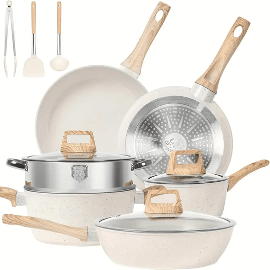 12 Piece Pots & Pantry Set, Nonstick Cookware Set, Induction Oven Nonstick Granite Cooking Set Including Frying Pan, Pan, Steamer, Silicone Spatula, and Pliers