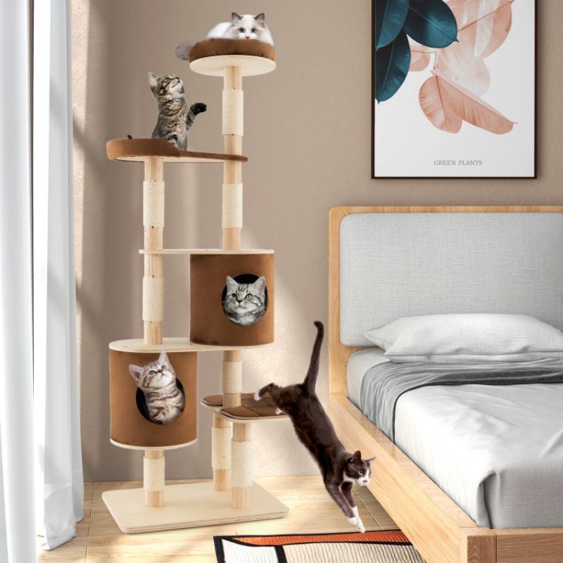 6-Tier Wooden Cat Tree with 2 Removeable Condos Platforms and Perch