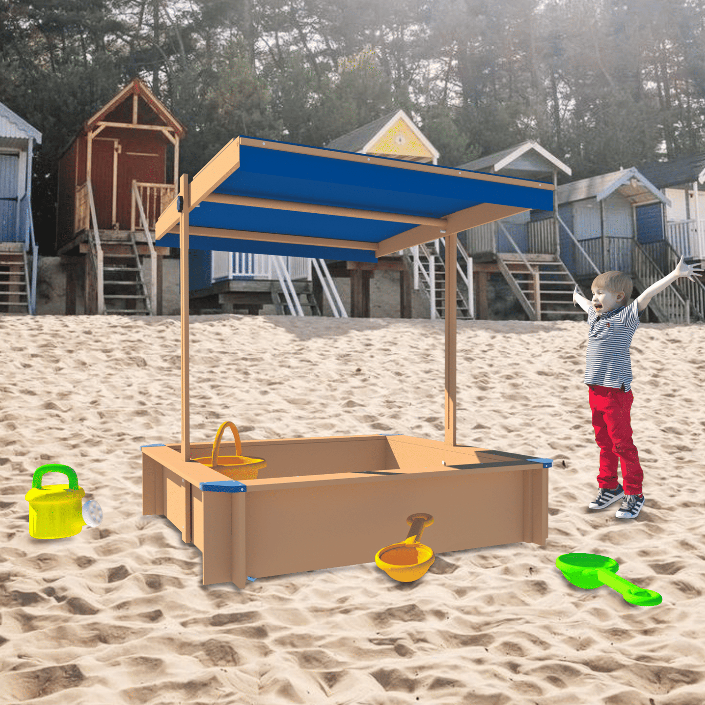 Children's Wooden Sandbox with Adjustable Canopy, Sandpit with Covers Kids Wood Playset Outdoor Backyard - Upgrade Retractable,45.3"L x 45.3"W x 46.5"H,Golden Red