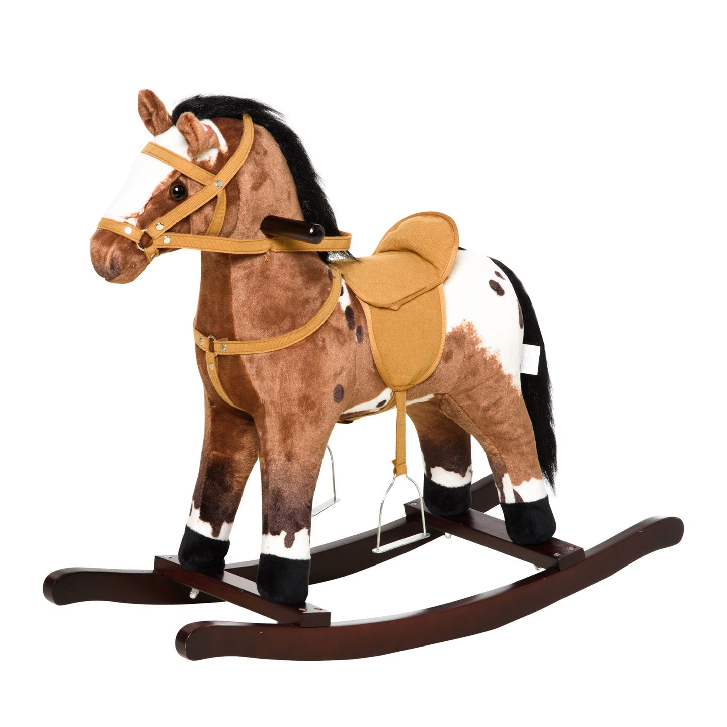 Qaba Kids Metal Plush Ride-On Rocking Horse Chair Toy With Realistic Sounds - Dark Brown/White