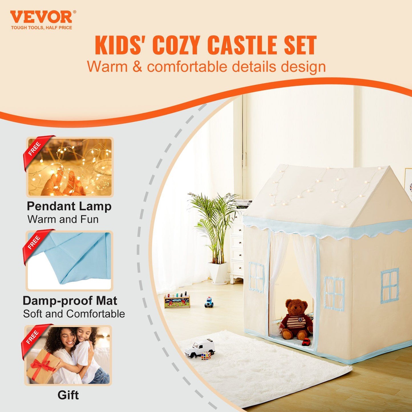 VEVOR Kids Play Tent, Kids Tent for Kids 1-5 Years Old, Toddler Tent with Mat and Tent Lamp, Tent for Kids with Windows for Indoor and Outdoor, Play House Castle Tent for Boys and Girls, Beige