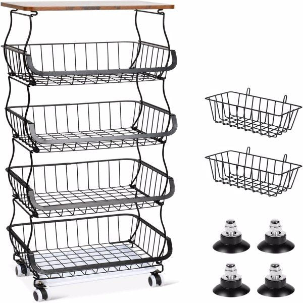 5-layer fruit basket, used for kitchen organizer and storage, stackable metal wire basket vertical cart, floor standing fruit rack basket with wheels