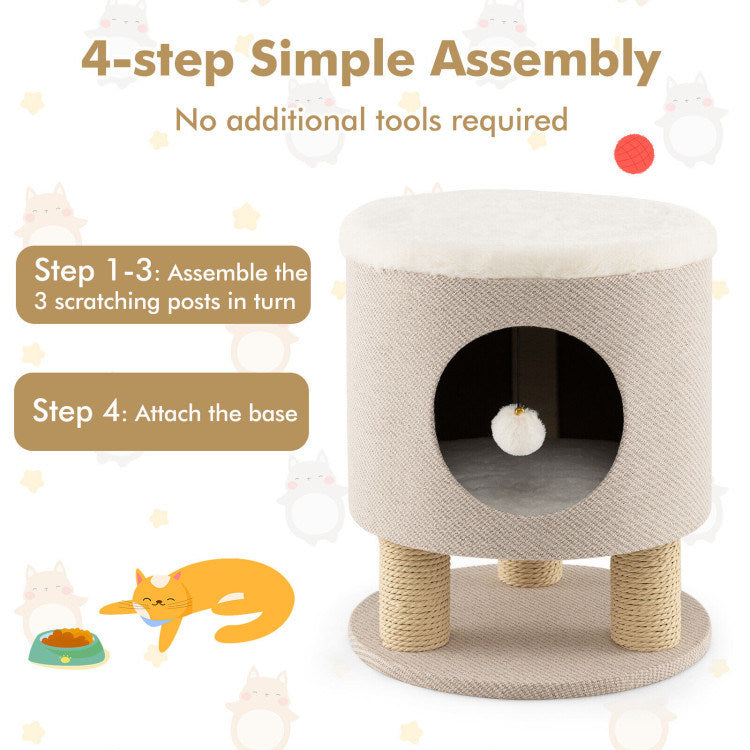 3-in-1 Cat Condo Stool Kitty Bed with Scratching Posts and Plush Ball Toy