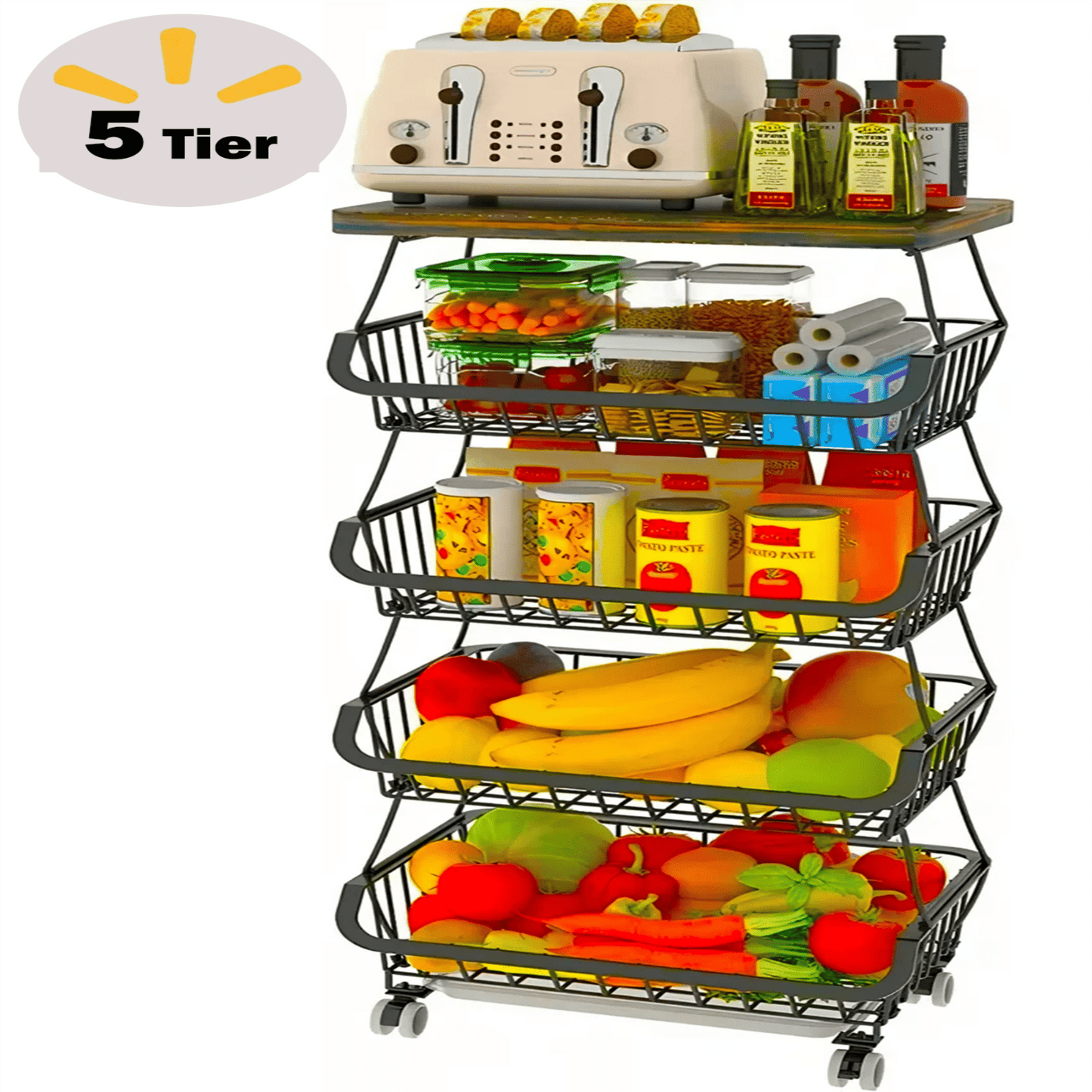 4/5/6 Tier Fruit Basket for Kitchen Organizers and Storage,with Solid Wood Top,Stackable Metal Wire Basket Stand Cart with Wheels for Fruit Vegetable