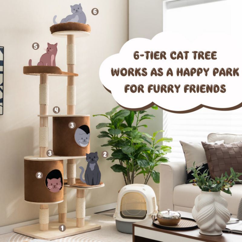 6-Tier Wooden Cat Tree with 2 Removeable Condos Platforms and Perch