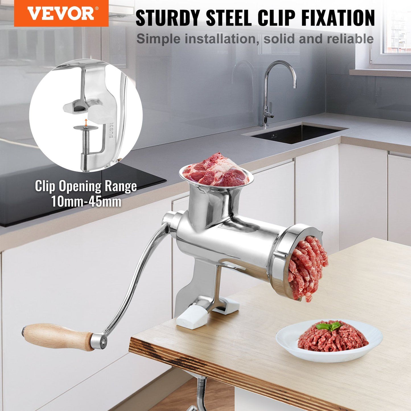 VEVOR Manual Meat Grinder, All Parts Stainless Steel, Hand Operated Meat Grinding Machine with Tabletop Clamp, 2 Grinding Plates & Sausage Stuffer, Ideal for Home Kitchen Restaurant Butcher's Shop