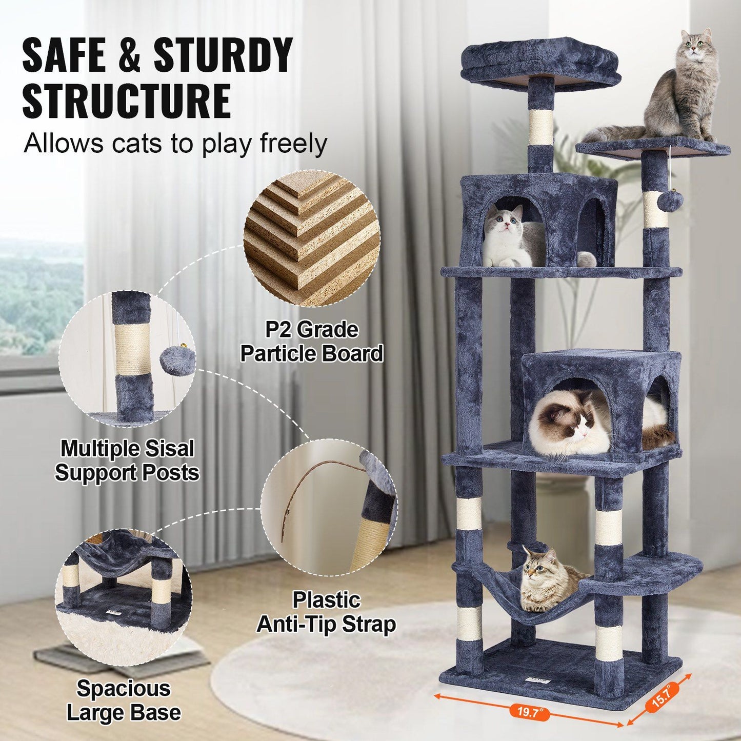 VEVOR Cat Tree 63" Cat Tower with 2 Cat Condos Sisal Scratching Post Light Grey