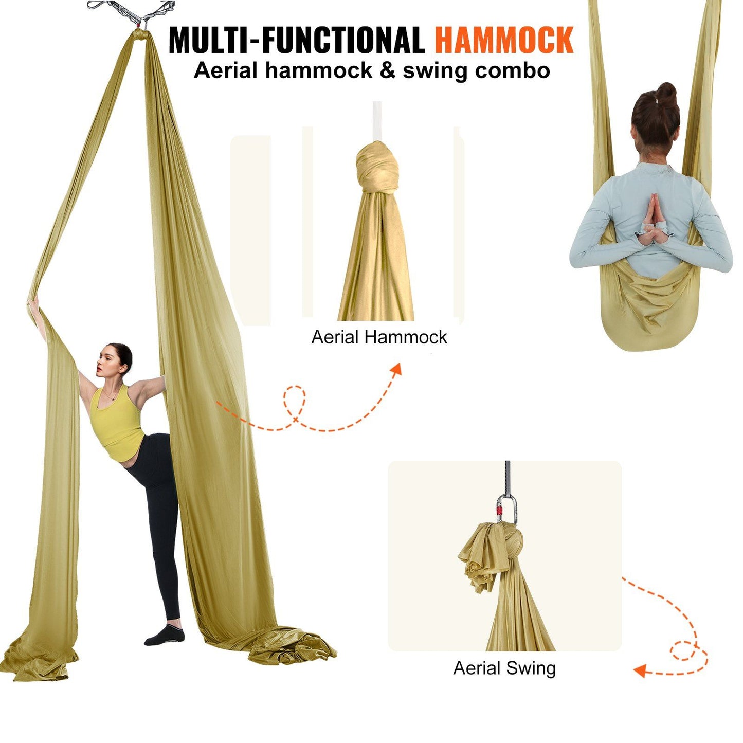 VEVOR Aerial Yoga Hammock & Swing, 4.4 Yards, Aerial Yoga Starter Kit with 100gsm Nylon Fabric, Full Rigging Hardware & Easy Set-up Guide, Antigravity Flying for All Levels Fitness Bodybuilding, Gold