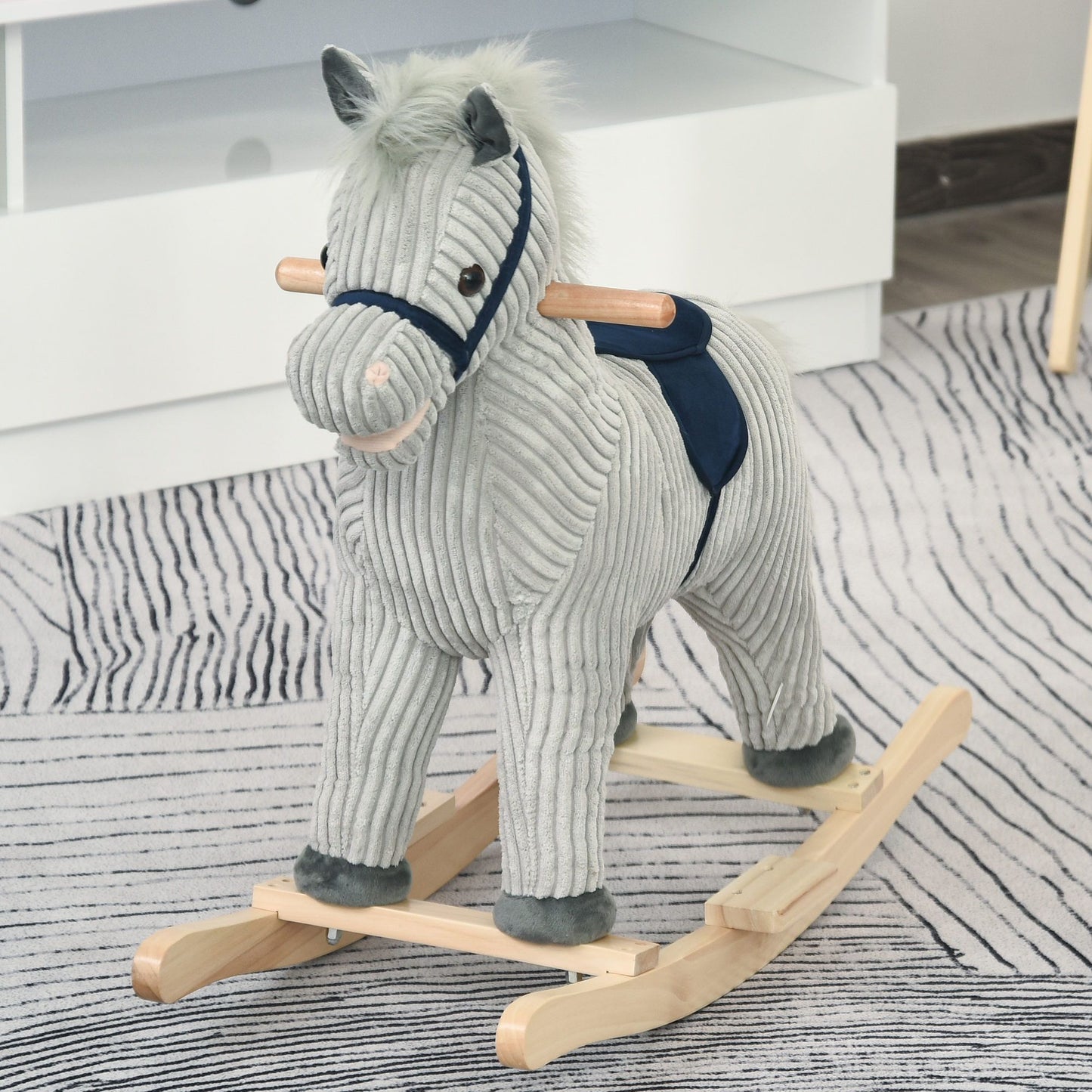 Qaba Kids Rocking Horse for Toddler 3-5, Plush Ride on Horse Wooden Rocker with Realistic Sounds, Gray