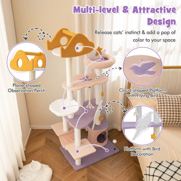 66" Cute Cat Tree Cats Multi-level Tall Cat Tower w/ Sisal Covered Scratching Posts