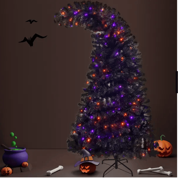 6FT Artificial Fir Bent Top Halloween Christmas Tree, Xmas Tree Bendable Style Christmas Tree Holiday Decoration W1,080 Branch Tips, 300 LED Lights X Mas Halloween Style