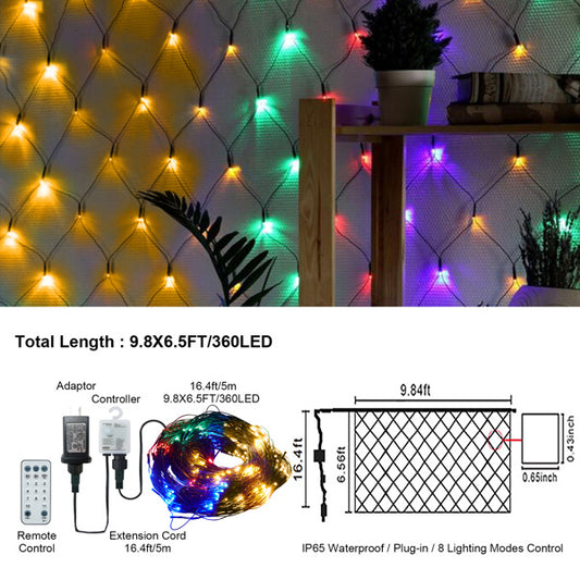 9.8*6.5FT Christmas Mesh Net Light,360 LED Net Light with 8 Modes&Remote,Connectable Net String Christmas Lights for Garden/Bushes/Indoor Outdoor/Curtain/Fairy/Wall/Party/Wedding/Xmas Tree Decorations