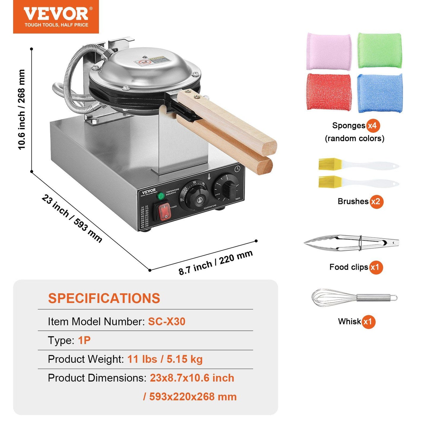 VEVOR Commercial Bubble Waffle Maker Egg Pancake Baker Machine 1400W Non-Stick