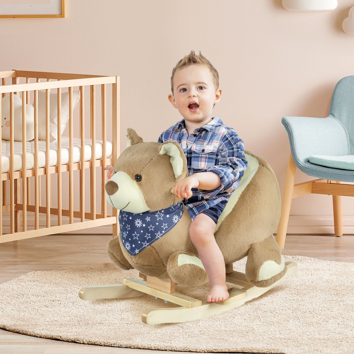 Qaba Baby Rocking Horse with Lullaby, Riding Horse, Bear Themed Plush Animal Rocker with Pedals for Ages 18-36 Months