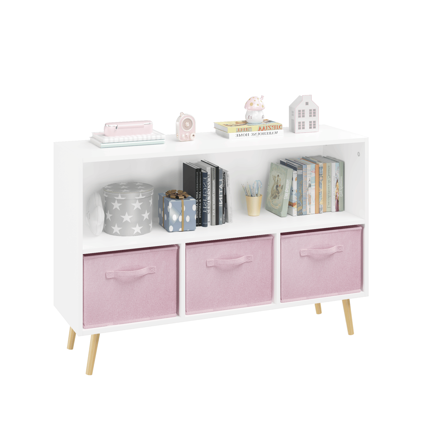 Kids bookcase with Collapsible Fabric Drawers, Children's Book Display, Toy Storage Cabinet Organizer, White/Pink