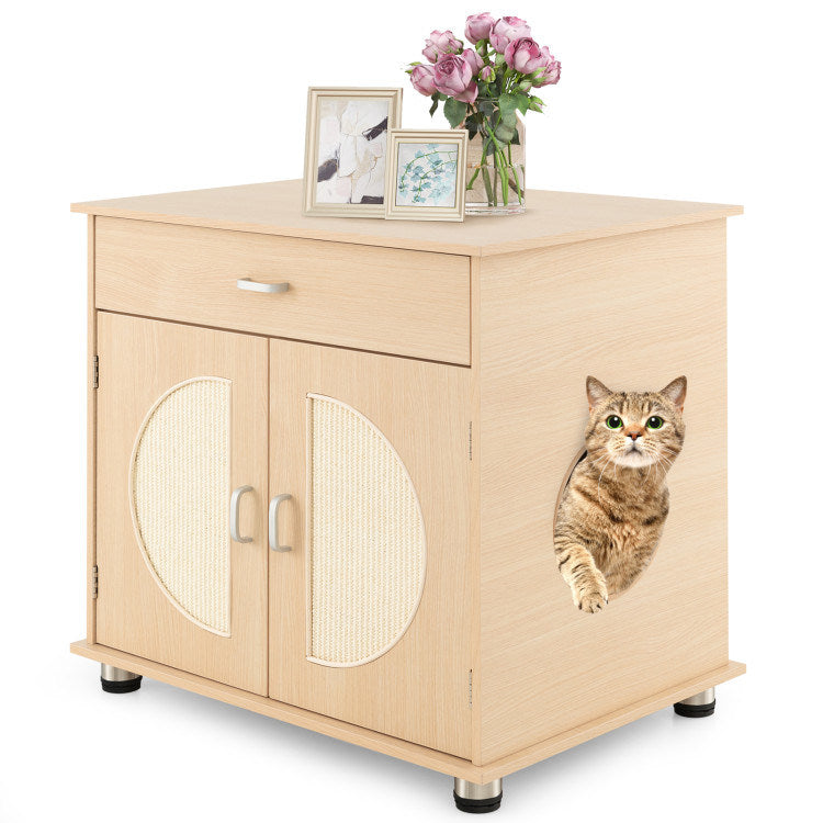 Cat Litter Box Enclosure with Sisal Scratching Doors and Storage