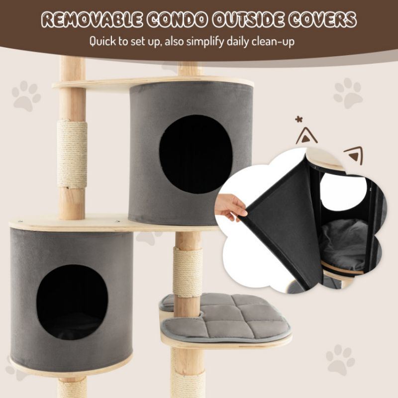 6-Tier Wooden Cat Tree with 2 Removeable Condos Platforms and Perch