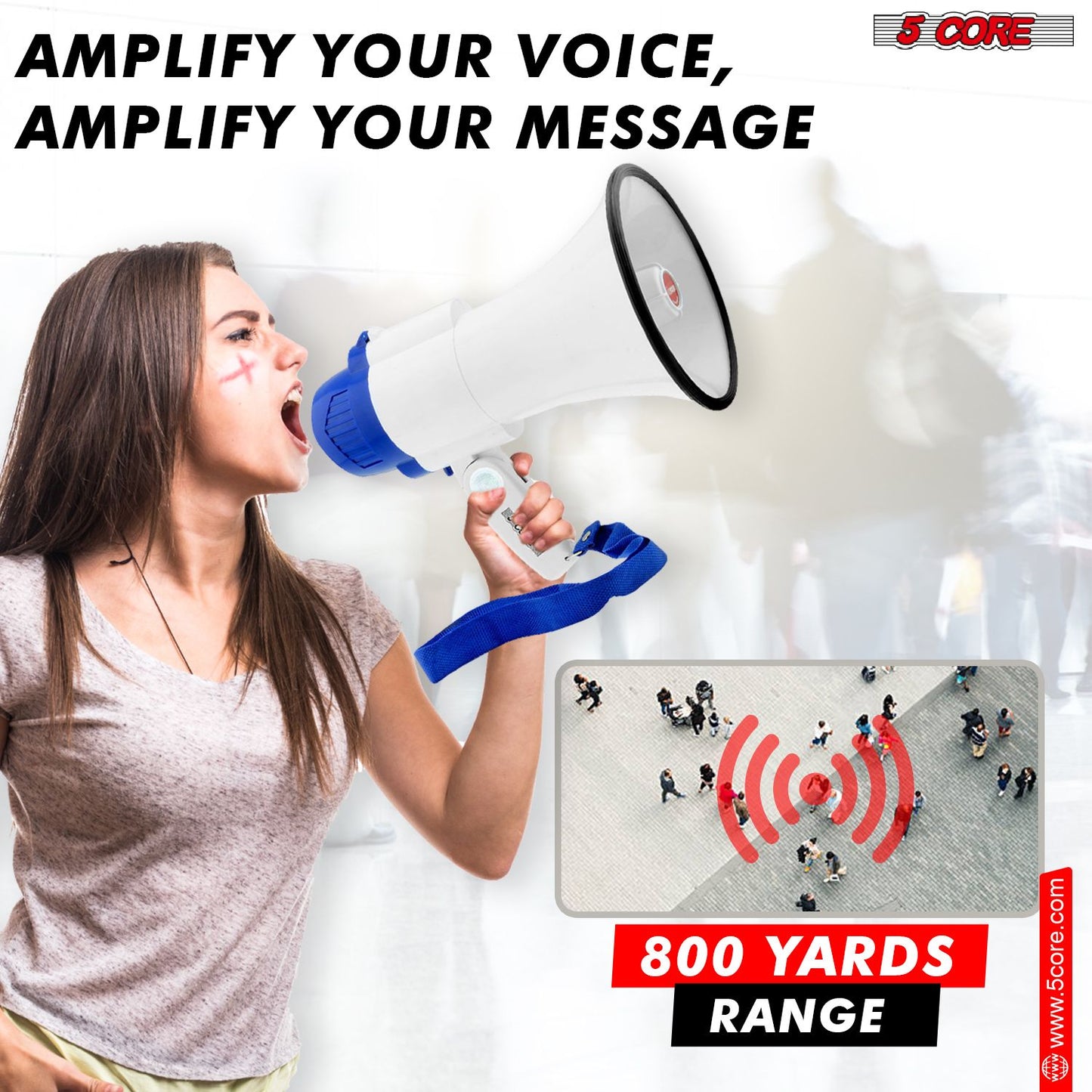 5 Core Megaphone Bullhorn Speaker 30W Bull Horn Battery Power Mini Cheer Megafono 800 Feet Range Loudspeaker W Siren Recording Ergonomic Handle for Coaches Football Baseball Cheerleading - 8R