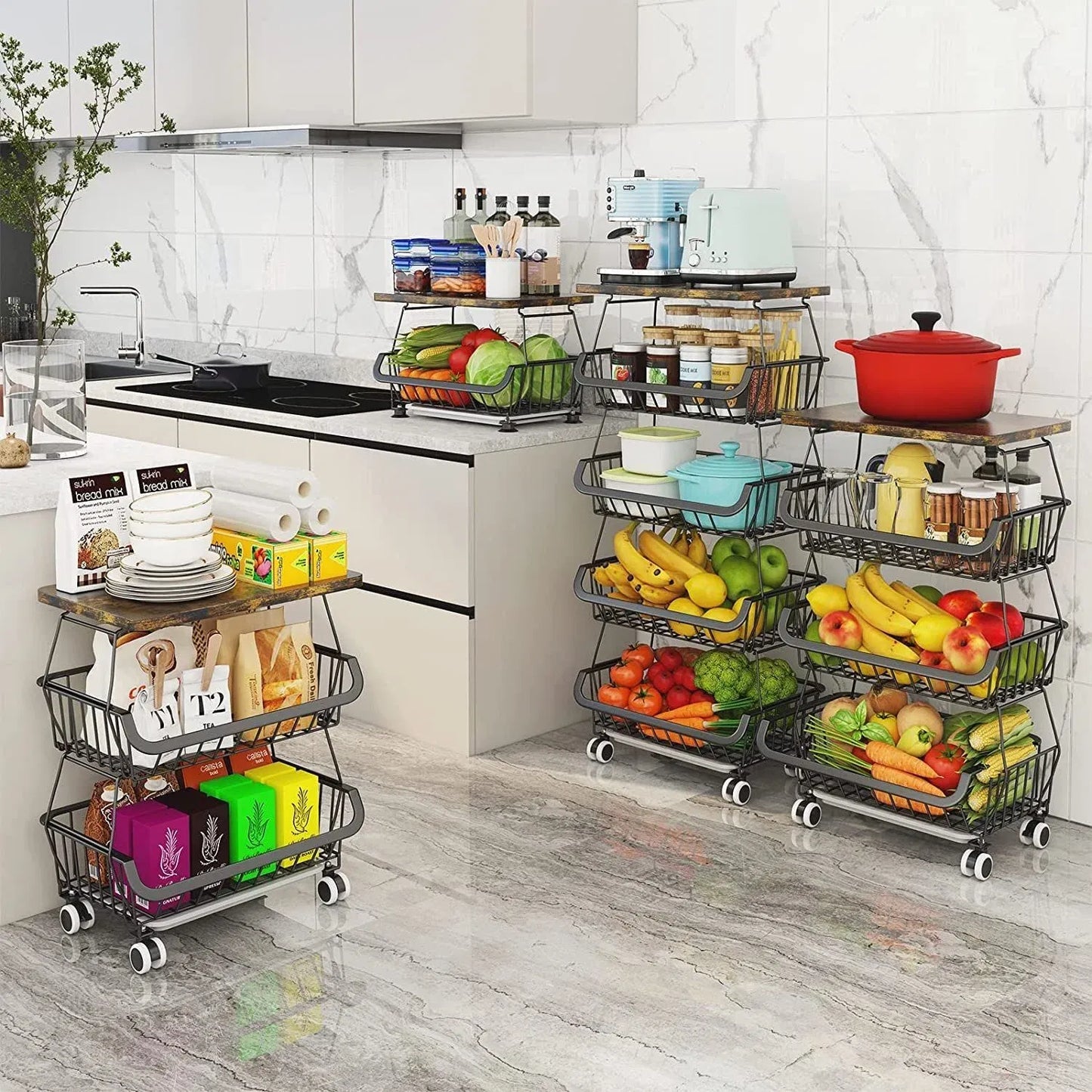 4/5/6 Tier Fruit Basket for Kitchen Organizers and Storage,with Solid Wood Top,Stackable Metal Wire Basket Stand Cart with Wheels for Fruit Vegetable