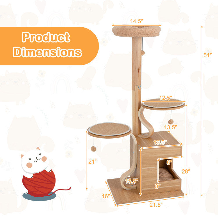 4-Layer Wooden Cat Tree 51" Tall Cat Tower with Condo and Washable Cushions