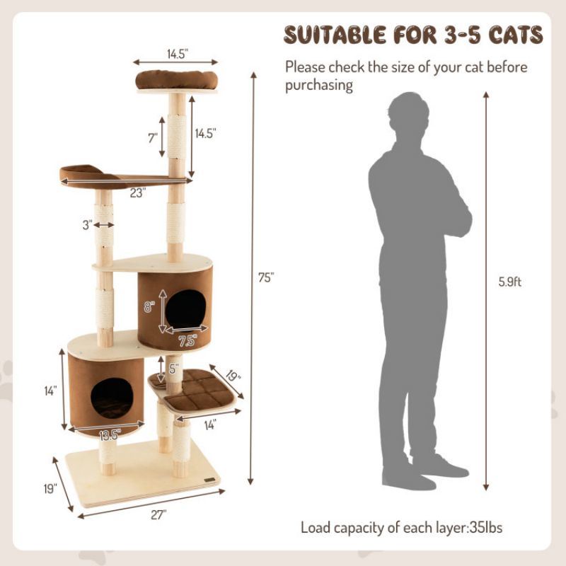 6-Tier Wooden Cat Tree with 2 Removeable Condos Platforms and Perch